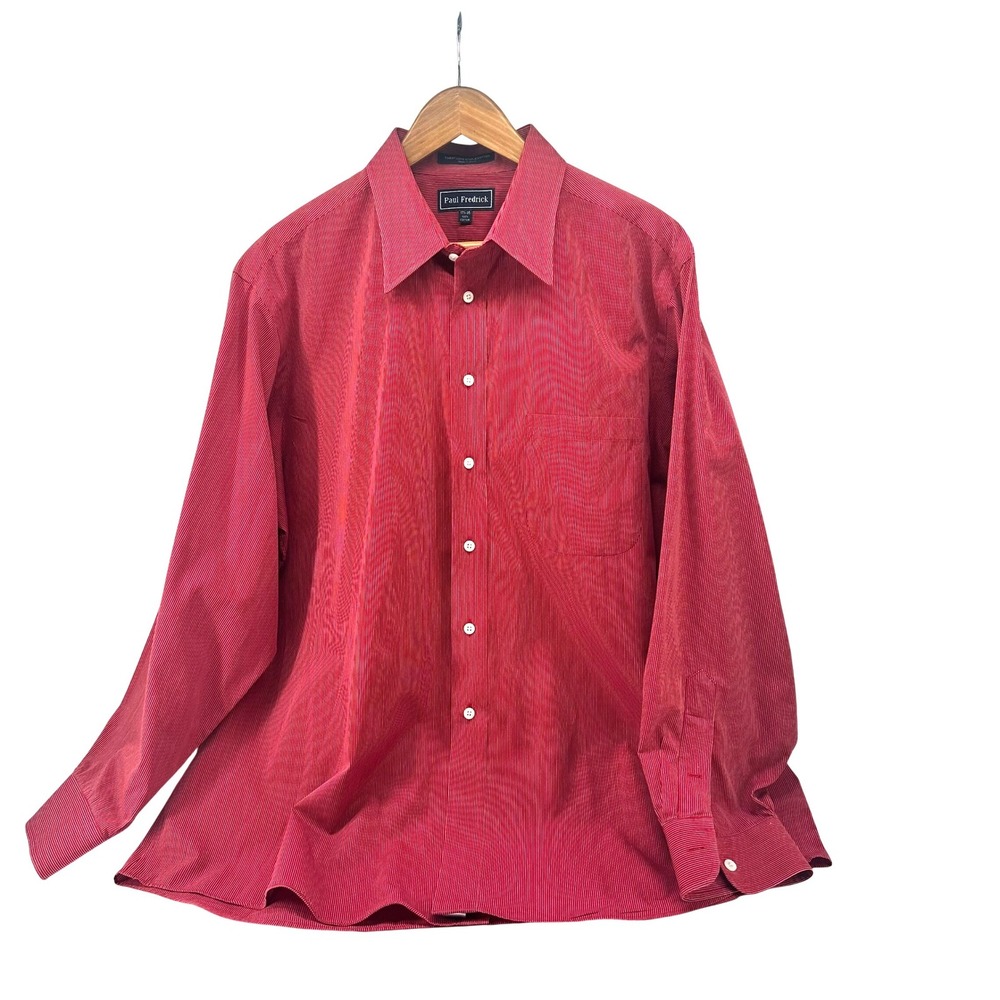 Paul Fredrick Mens Red White Stripe Fine Long Staple Cotton Dress Shirt 17.5 35